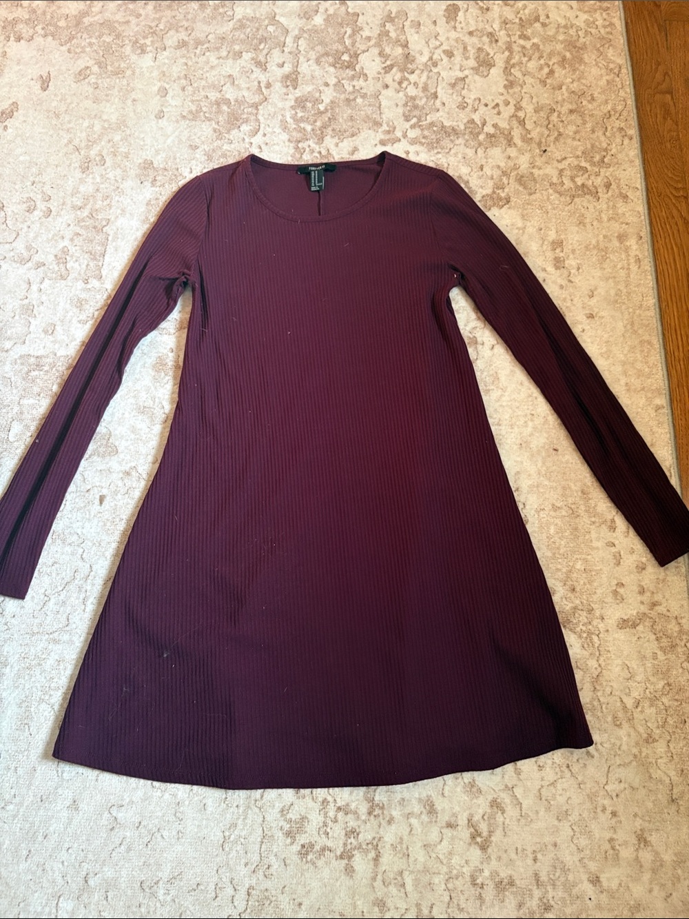 Forever 21 Long-Sleeve Ribbed A-Line Dress in Burgundy